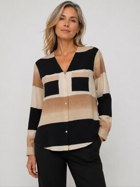 JOSEPH RIBKOFF COLORBLOCK BLOUSE SIZE 8 / MEDIUM NEUTRAL STRIPES CHIC TOP